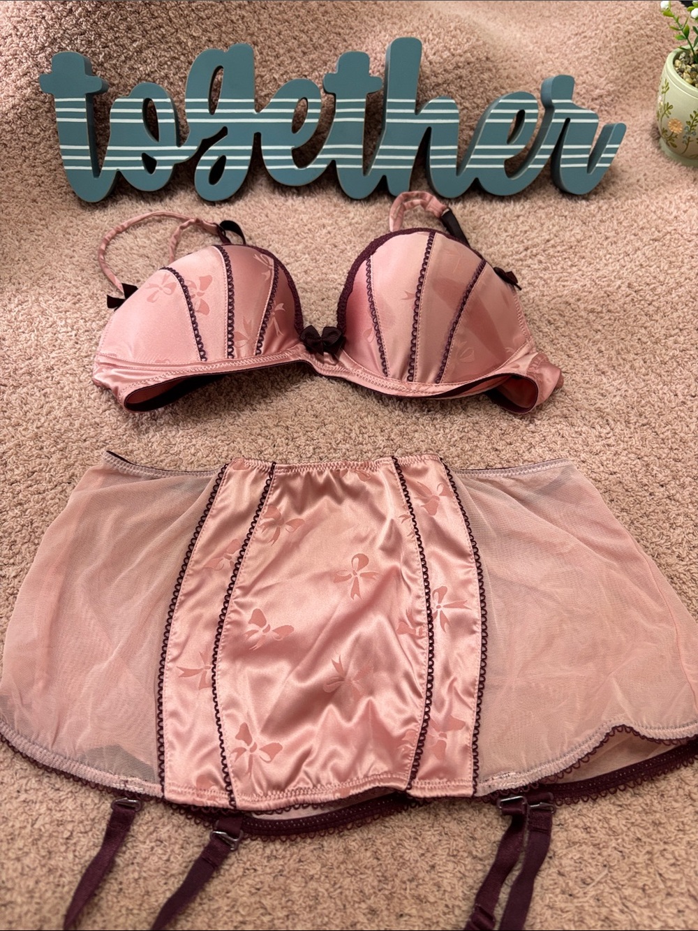 Victoria's Secret Pink Satin & Plum Lace Trim Bra and Garter Set